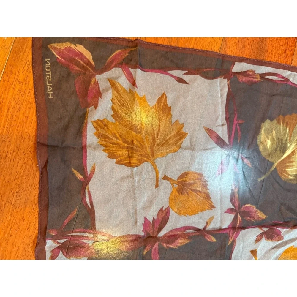 Halston Silk Scarf Autumn Leaves Sheer | Black White Brown |‎ 20